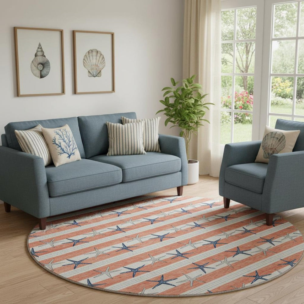 HomeRoots 8' Coral Ivory and Navy Blue Geometric Round Rug – Durable, Washable, UV-Protected for Coastal Style 646136