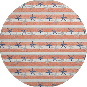 HomeRoots 8' Coral Ivory and Navy Blue Geometric Round Rug – Durable, Washable, UV-Protected for Coastal Style 646136