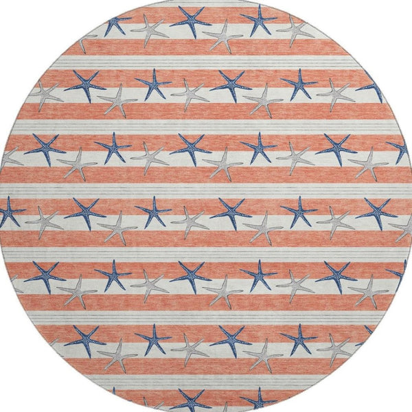 HomeRoots 8' Coral Ivory and Navy Blue Geometric Round Rug – Durable, Washable, UV-Protected for Coastal Style 646136