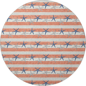 HomeRoots 8' Coral Ivory and Navy Blue Geometric Round Rug – Durable, Washable, UV-Protected for Coastal Style 646136