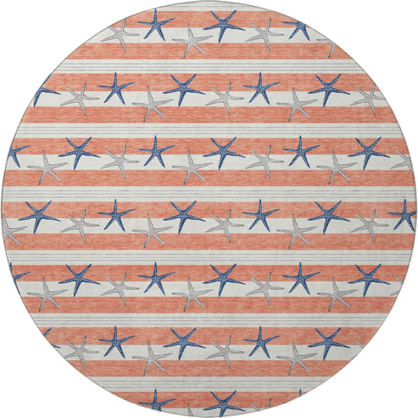 HomeRoots 8' Coral Ivory and Navy Blue Geometric Round Rug – Durable, Washable, UV-Protected for Coastal Style 646136