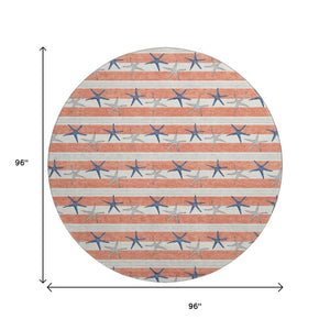 HomeRoots 8' Coral Ivory and Navy Blue Geometric Round Rug – Durable, Washable, UV-Protected for Coastal Style 646136