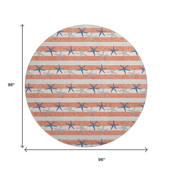 HomeRoots 8' Coral Ivory and Navy Blue Geometric Round Rug – Durable, Washable, UV-Protected for Coastal Style 646136
