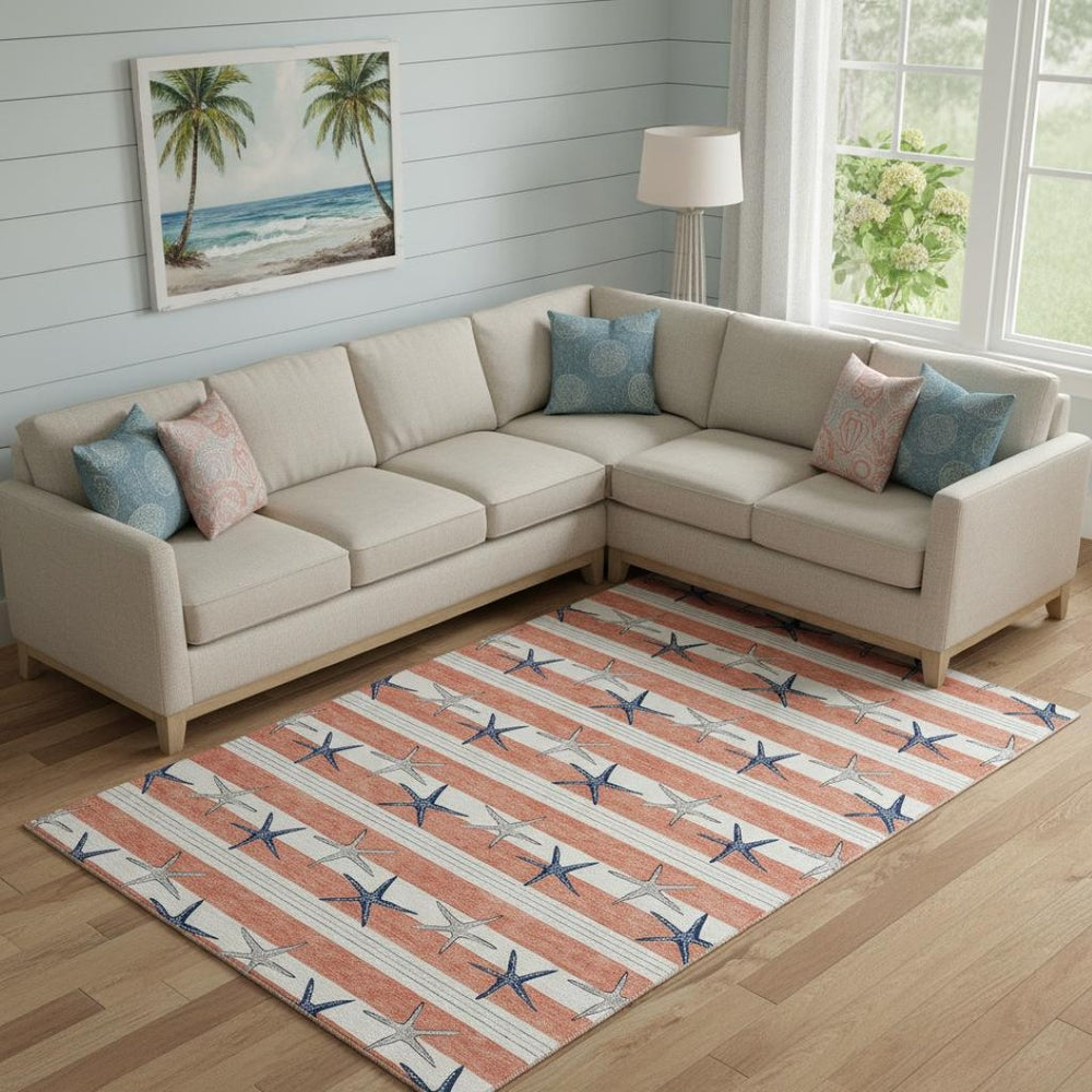 HomeRoots 8' X 10' Geometric Coral Ivory & Navy Area Rug - Durable, UV-Protected, Washable for Busy Homes 646137