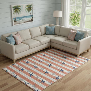 HomeRoots 8' X 10' Geometric Coral Ivory & Navy Area Rug - Durable, UV-Protected, Washable for Busy Homes 646137