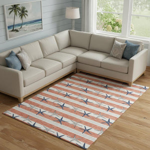 HomeRoots 9' X 12' Coral Ivory & Navy Blue Geometric Area Rug - Washable, UV Protected, Perfect for Families! 646138