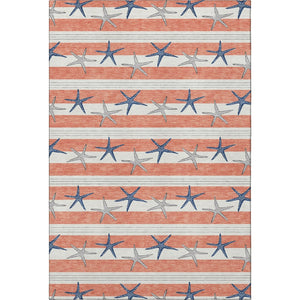 HomeRoots 9' X 12' Coral Ivory & Navy Blue Geometric Area Rug - Washable, UV Protected, Perfect for Families! 646138