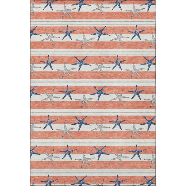 HomeRoots 9' X 12' Coral Ivory & Navy Blue Geometric Area Rug - Washable, UV Protected, Perfect for Families! 646138
