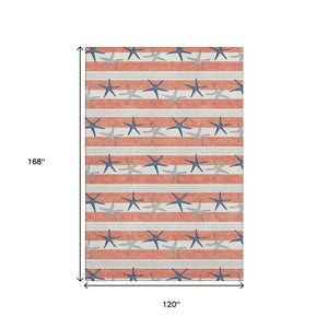 HomeRoots 10' Coral, Ivory & Navy Blue Geometric Area Rug – Washable, UV Protected, Stain Resistant for Busy Homes 646139