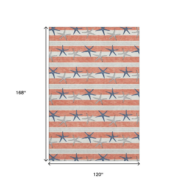 HomeRoots 10' Coral, Ivory & Navy Blue Geometric Area Rug – Washable, UV Protected, Stain Resistant for Busy Homes 646139