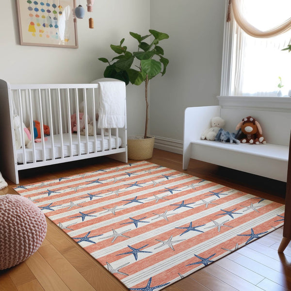 HomeRoots 10' Coral, Ivory & Navy Blue Geometric Area Rug – Washable, UV Protected, Stain Resistant for Busy Homes 646139