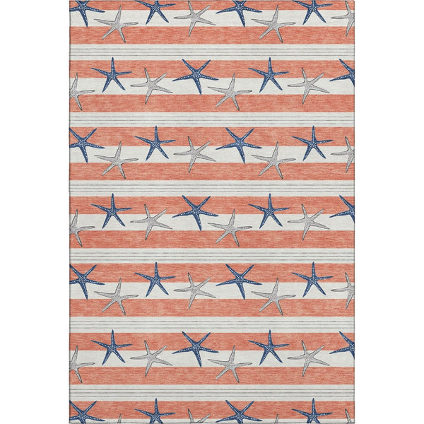 HomeRoots 10' Coral, Ivory & Navy Blue Geometric Area Rug – Washable, UV Protected, Stain Resistant for Busy Homes 646139