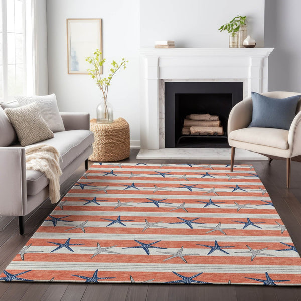 HomeRoots 10' Coral, Ivory & Navy Blue Geometric Area Rug – Washable, UV Protected, Stain Resistant for Busy Homes 646139