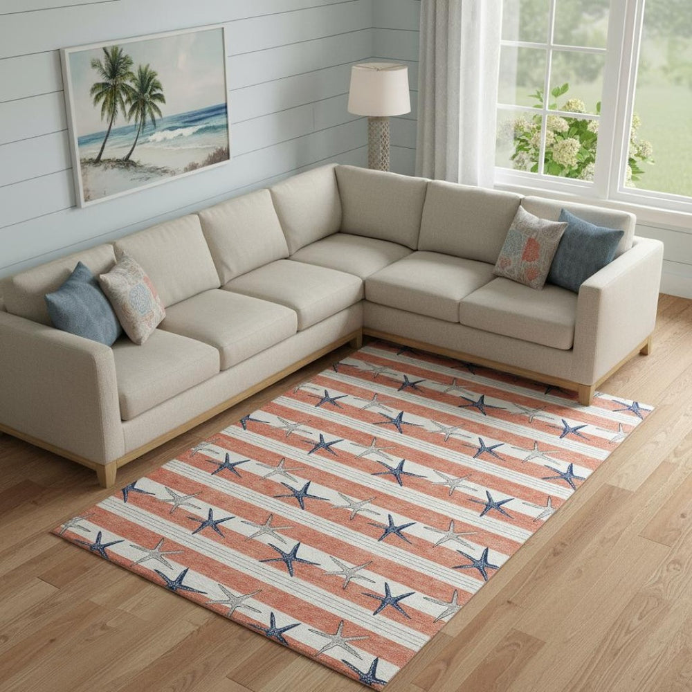 HomeRoots 10' Coral, Ivory & Navy Blue Geometric Area Rug – Washable, UV Protected, Stain Resistant for Busy Homes 646139