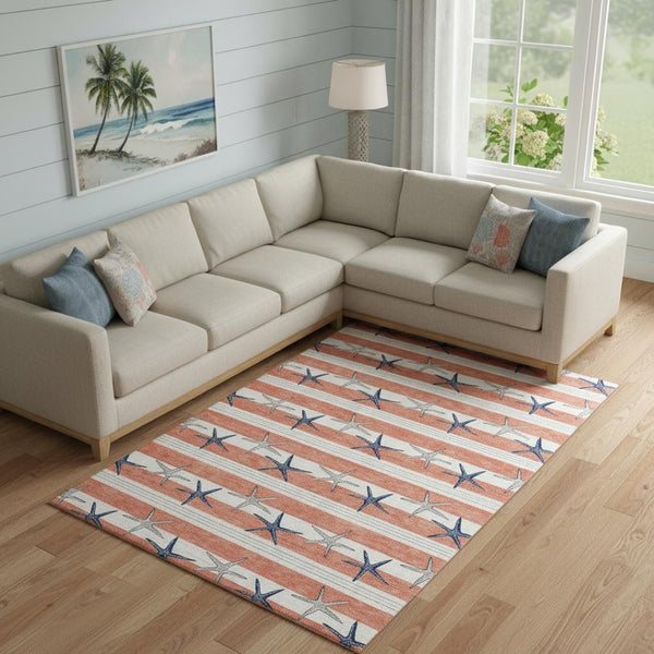HomeRoots 10' Coral, Ivory & Navy Blue Geometric Area Rug – Washable, UV Protected, Stain Resistant for Busy Homes 646139