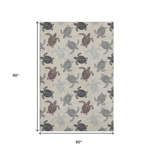 HomeRoots 5' X 8' Stylish Sand Ivory Gray Geometric Area Rug - Washable, UV Protected, Ideal for High-Traffic Spaces 646147