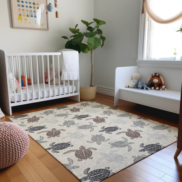 HomeRoots 5' X 8' Stylish Sand Ivory Gray Geometric Area Rug - Washable, UV Protected, Ideal for High-Traffic Spaces 646147