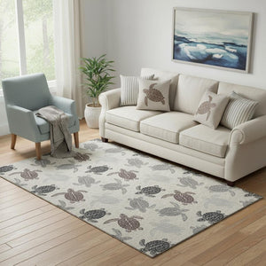 HomeRoots 5' X 8' Stylish Sand Ivory Gray Geometric Area Rug - Washable, UV Protected, Ideal for High-Traffic Spaces 646147