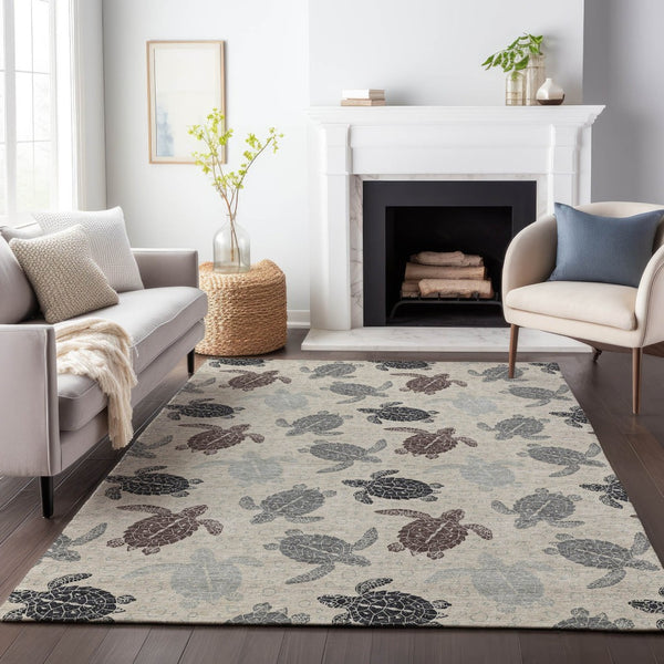 HomeRoots 5' X 8' Stylish Sand Ivory Gray Geometric Area Rug - Washable, UV Protected, Ideal for High-Traffic Spaces 646147
