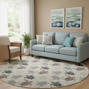 HomeRoots 8' Sand Ivory and Gray Geometric Round Rug - Washable, UV-Protected, Stain-Resistant for Homes 646148