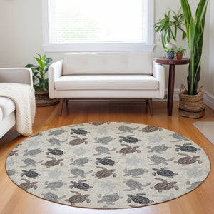 HomeRoots 8' Sand Ivory and Gray Geometric Round Rug - Washable, UV-Protected, Stain-Resistant for Homes 646148
