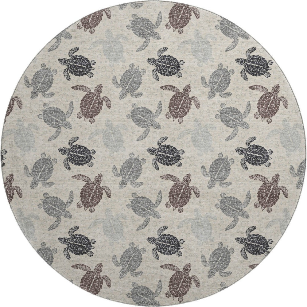 HomeRoots 8' Sand Ivory and Gray Geometric Round Rug - Washable, UV-Protected, Stain-Resistant for Homes 646148