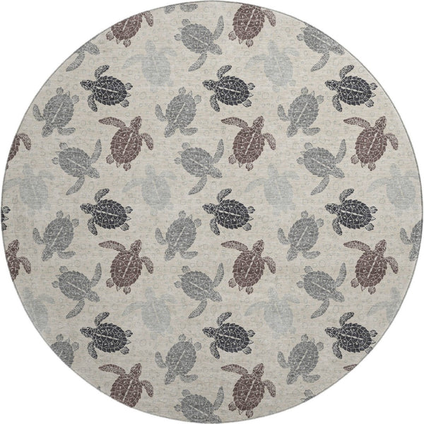 HomeRoots 8' Sand Ivory and Gray Geometric Round Rug - Washable, UV-Protected, Stain-Resistant for Homes 646148