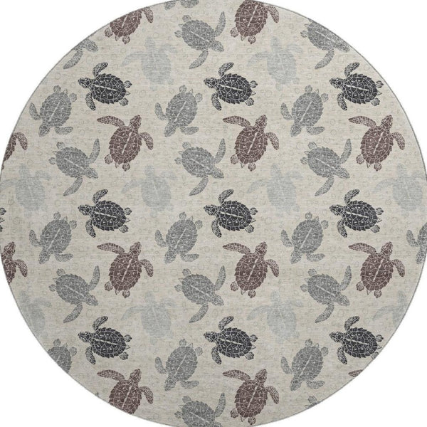 HomeRoots 8' Sand Ivory and Gray Geometric Round Rug - Washable, UV-Protected, Stain-Resistant for Homes 646148