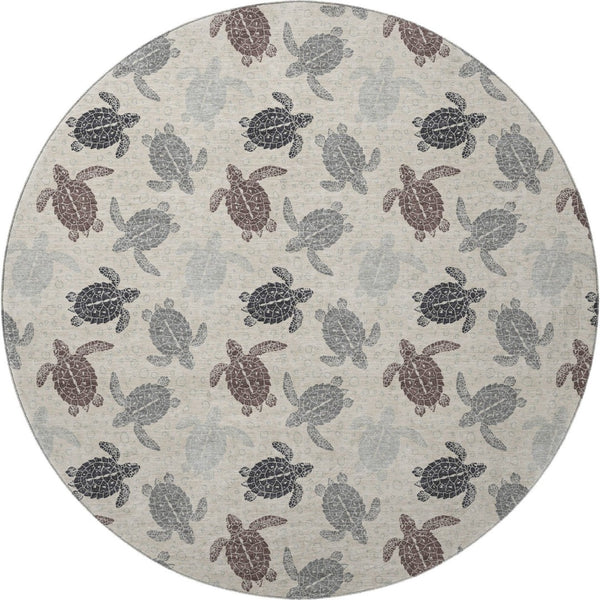HomeRoots 8' Sand Ivory and Gray Geometric Round Rug - Washable, UV-Protected, Stain-Resistant for Homes 646148