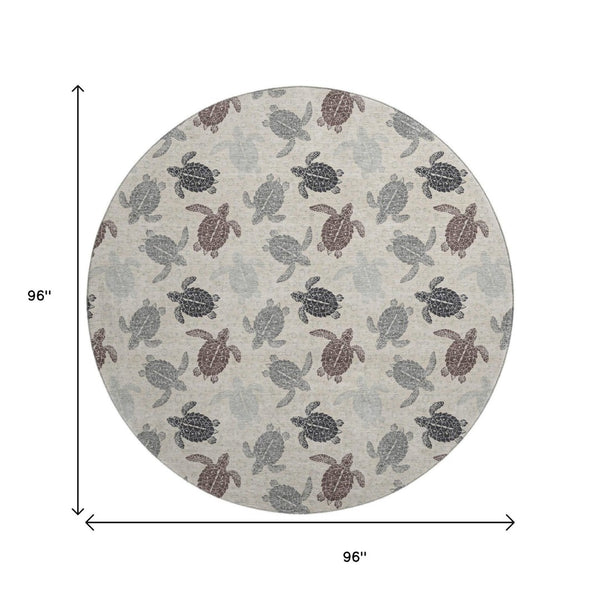 HomeRoots 8' Sand Ivory and Gray Geometric Round Rug - Washable, UV-Protected, Stain-Resistant for Homes 646148