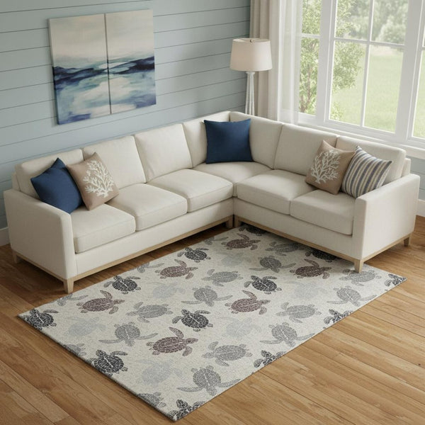 HomeRoots 8' X 10' Coastal Sand Ivory and Gray Geometric Washable Area Rug with UV Protection for Homes 646149