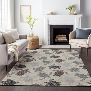 HomeRoots 8' X 10' Coastal Sand Ivory and Gray Geometric Washable Area Rug with UV Protection for Homes 646149