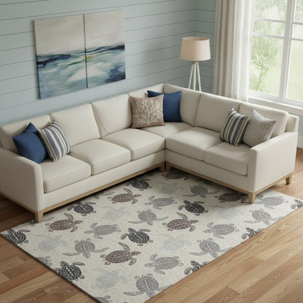 HomeRoots 9' X 12' Coastal-Inspired Sand Ivory & Gray Geometric Area Rug - Washable, UV-Protected & Stain-Resistant 646150