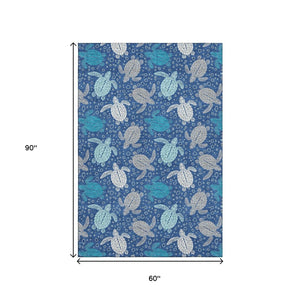 HomeRoots 5' X 8' Blue Ivory Gray Geometric Area Rug - Washable, UV-Protected, Stylish for Any Room 646153