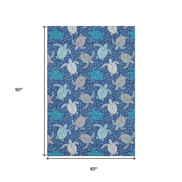 HomeRoots 5' X 8' Blue Ivory Gray Geometric Area Rug - Washable, UV-Protected, Stylish for Any Room 646153