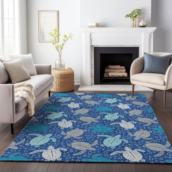 HomeRoots 5' X 8' Blue Ivory Gray Geometric Area Rug - Washable, UV-Protected, Stylish for Any Room 646153