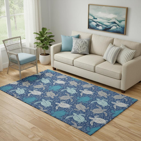 HomeRoots 5' X 8' Blue Ivory Gray Geometric Area Rug - Washable, UV-Protected, Stylish for Any Room 646153