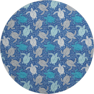 HomeRoots 8' Blue Ivory And Gray Geometric Round Rug – Durable, Washable, UV-Protected for Stylish Spaces 646154