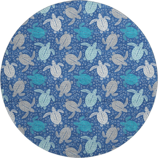 HomeRoots 8' Blue Ivory And Gray Geometric Round Rug – Durable, Washable, UV-Protected for Stylish Spaces 646154