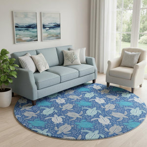 HomeRoots 8' Blue Ivory And Gray Geometric Round Rug – Durable, Washable, UV-Protected for Stylish Spaces 646154