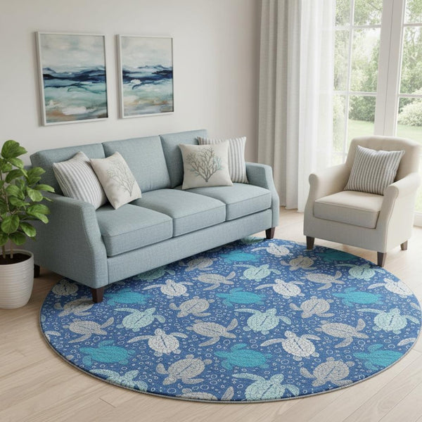 HomeRoots 8' Blue Ivory And Gray Geometric Round Rug – Durable, Washable, UV-Protected for Stylish Spaces 646154
