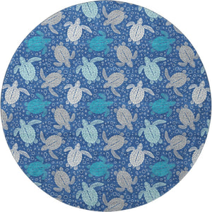 HomeRoots 8' Blue Ivory And Gray Geometric Round Rug – Durable, Washable, UV-Protected for Stylish Spaces 646154