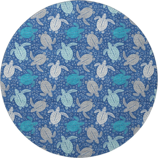 HomeRoots 8' Blue Ivory And Gray Geometric Round Rug – Durable, Washable, UV-Protected for Stylish Spaces 646154