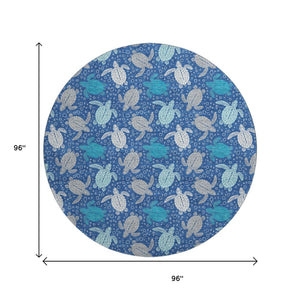 HomeRoots 8' Blue Ivory And Gray Geometric Round Rug – Durable, Washable, UV-Protected for Stylish Spaces 646154