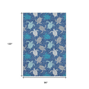 HomeRoots 8' X 10' Geometric Area Rug in Blue, Ivory & Gray – Washable, UV-Protected for Kids & Pets! 646155