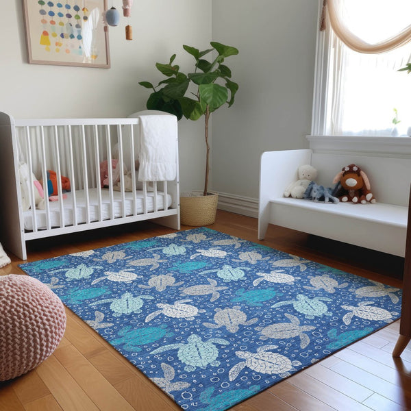 HomeRoots 8' X 10' Geometric Area Rug in Blue, Ivory & Gray – Washable, UV-Protected for Kids & Pets! 646155