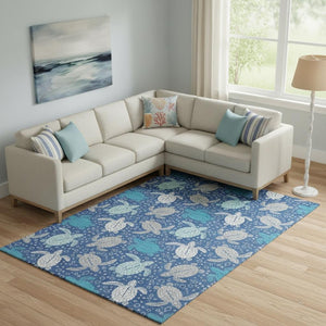 HomeRoots 8' X 10' Geometric Area Rug in Blue, Ivory & Gray – Washable, UV-Protected for Kids & Pets! 646155