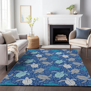HomeRoots 8' X 10' Geometric Area Rug in Blue, Ivory & Gray – Washable, UV-Protected for Kids & Pets! 646155