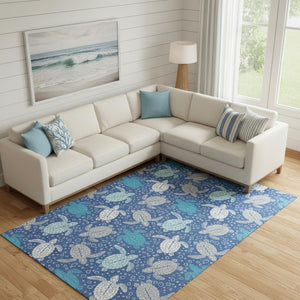 HomeRoots 9' X 12' Washable Geometric Area Rug in Blue, Ivory & Gray - UV Protected for Homes with Kids & Pets 646156