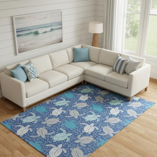 HomeRoots 9' X 12' Washable Geometric Area Rug in Blue, Ivory & Gray - UV Protected for Homes with Kids & Pets 646156